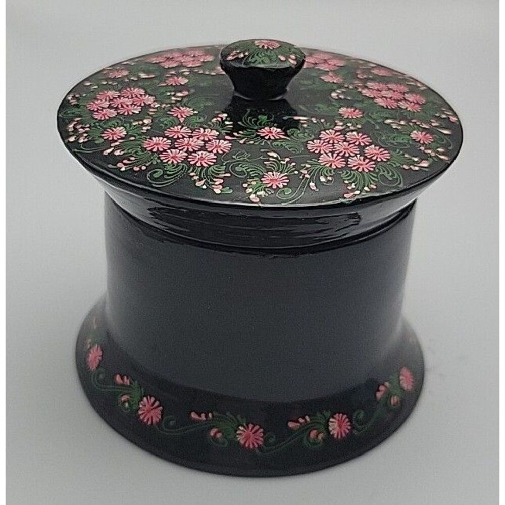 Vtg Wooden Hand Painted Black Lacquer Trinket Jewelry Box Pink Floral With Lid